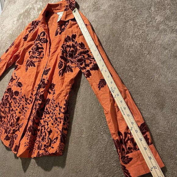 Sundance Button Up Shirt Women's Size XS Orange Burgundy Velvet Vignette Floral - Picture 5 of 8